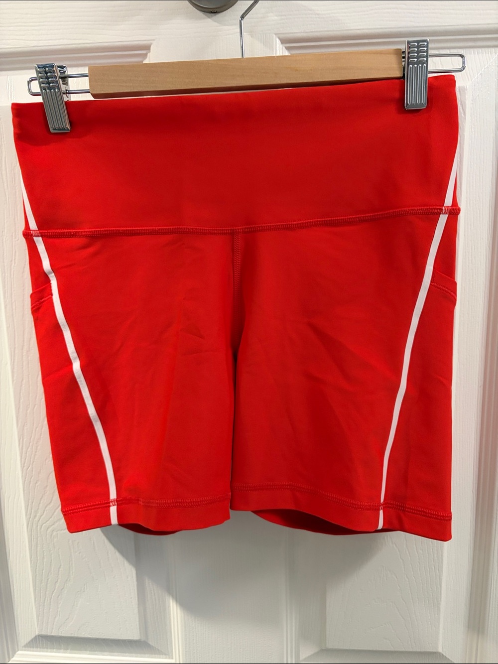 Athleta Red Bike Shorts with White Side Piping